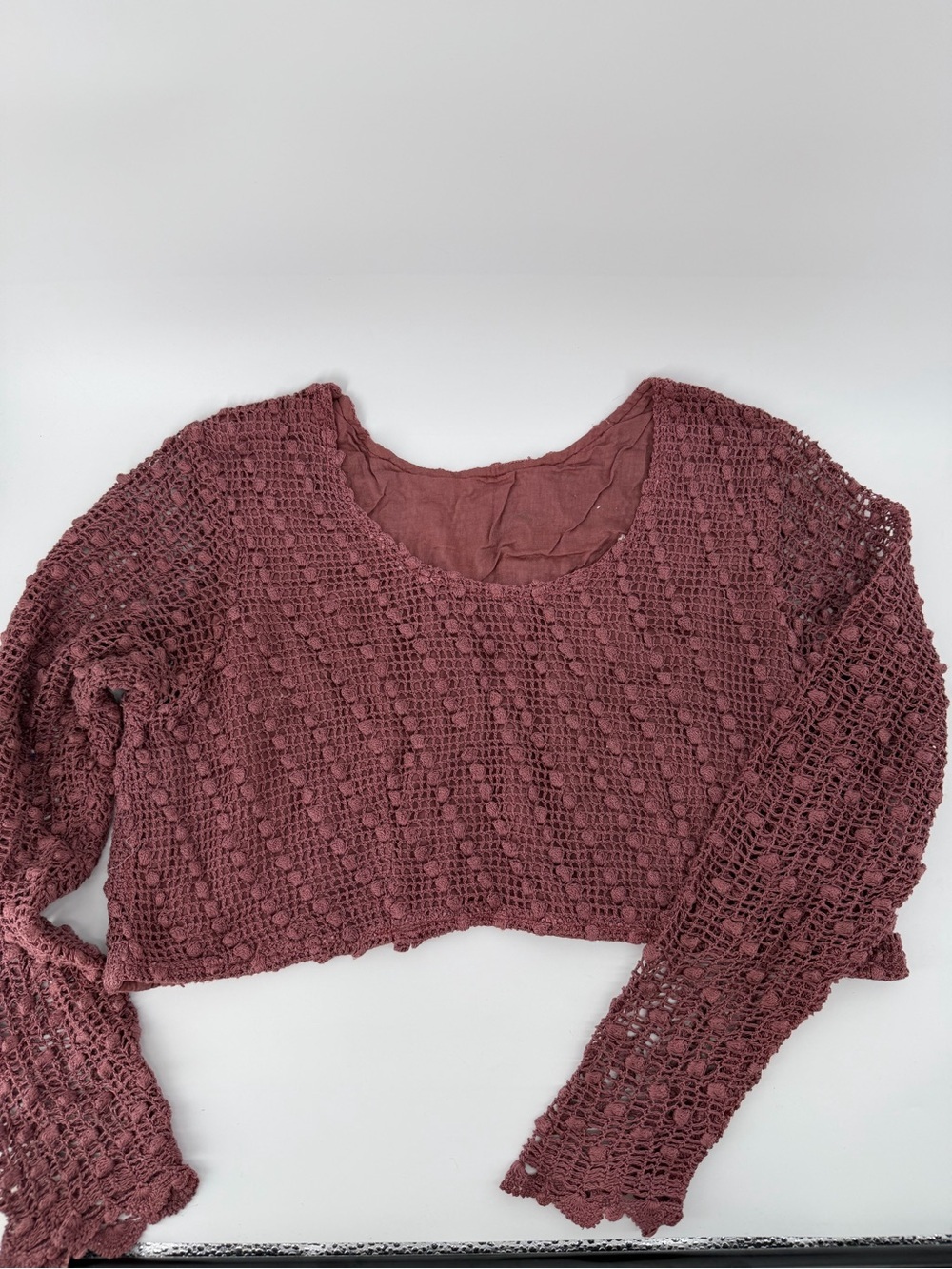Boho Mauve Crochet Open Knit Long Sleeve Crop Top Y2K Fairycore Festival